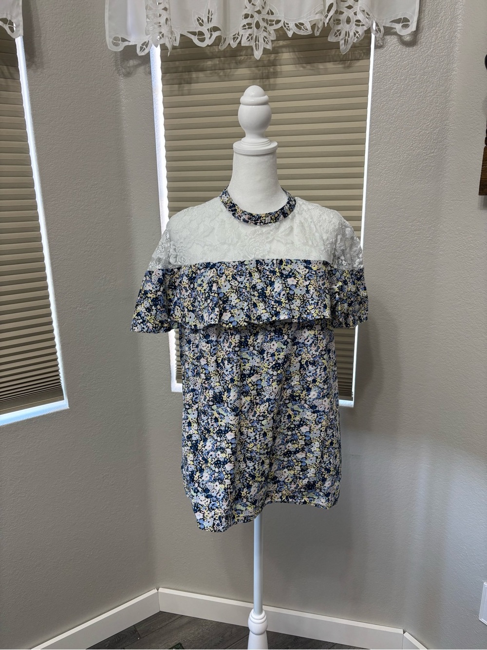 belle sky Blue and White Floral Lace Yoke Ruffle Tunic